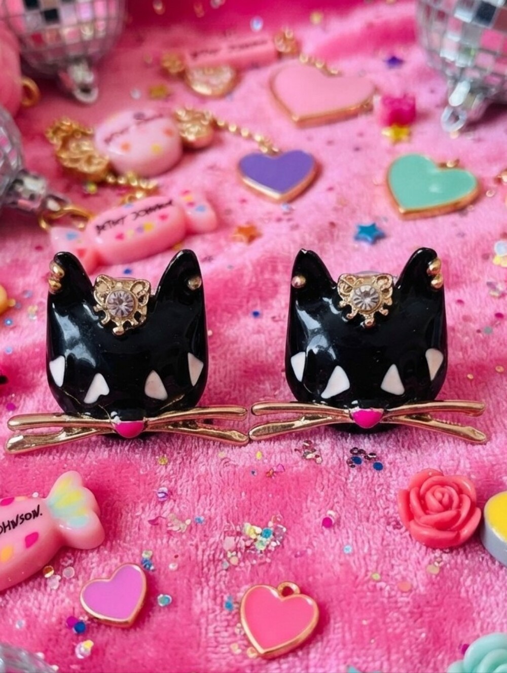 Vintage Betsey Johnson Black Cat Face Stud Earrings w/Gold Whiskers & Pink Nose